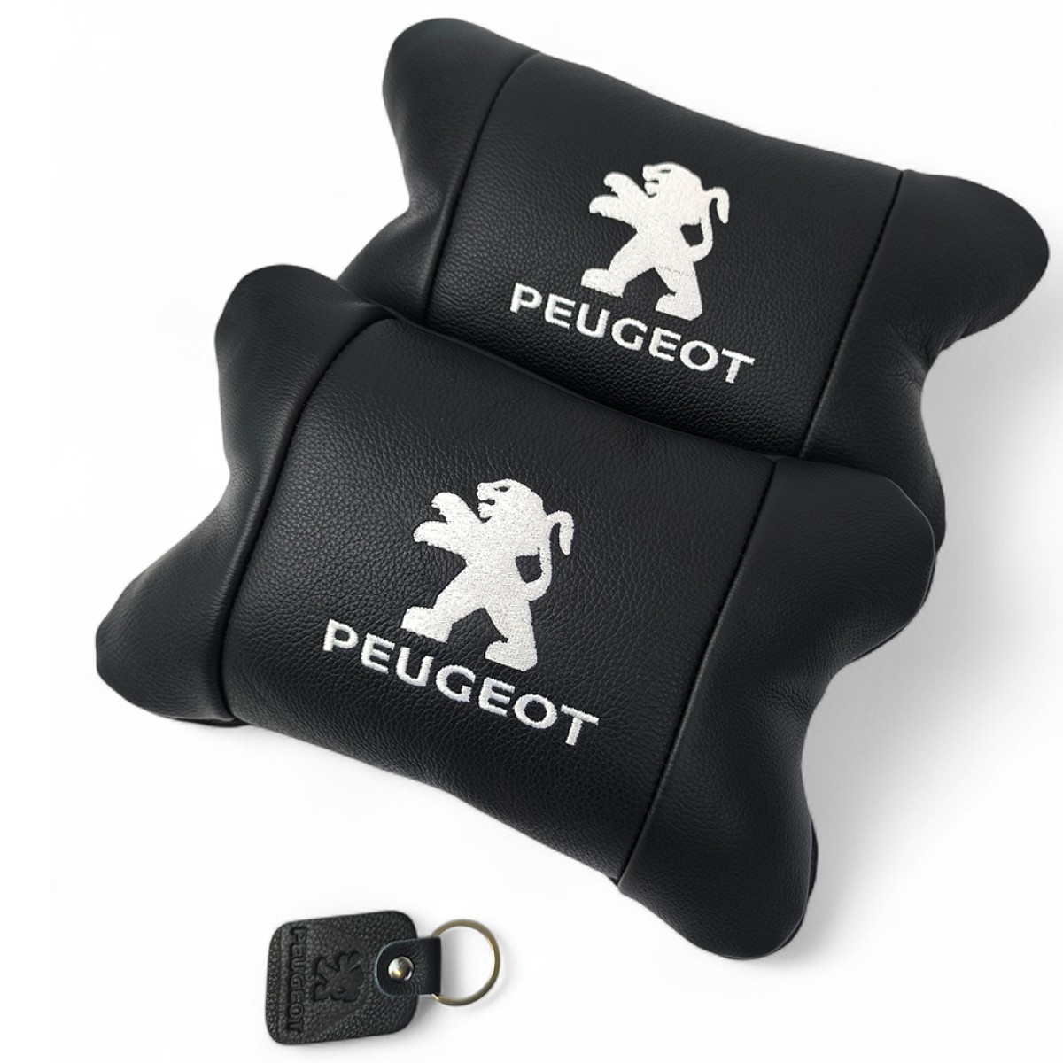 Набор подушек Peugeot из кожи + брелок в подарок, Автоподушки с вышивкой (арт. 13713)