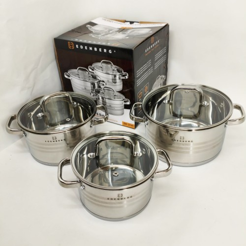 Набір посуду з нержавіючої сталі Edenberg EB-3741 зі скляними кришками 6 предметів