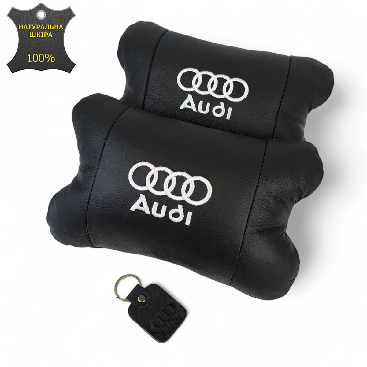 Набор автодушки 2шт на подголовник Audi / Ауди из натуральной кожи черная / Подголовник в машину (арт. 12717)