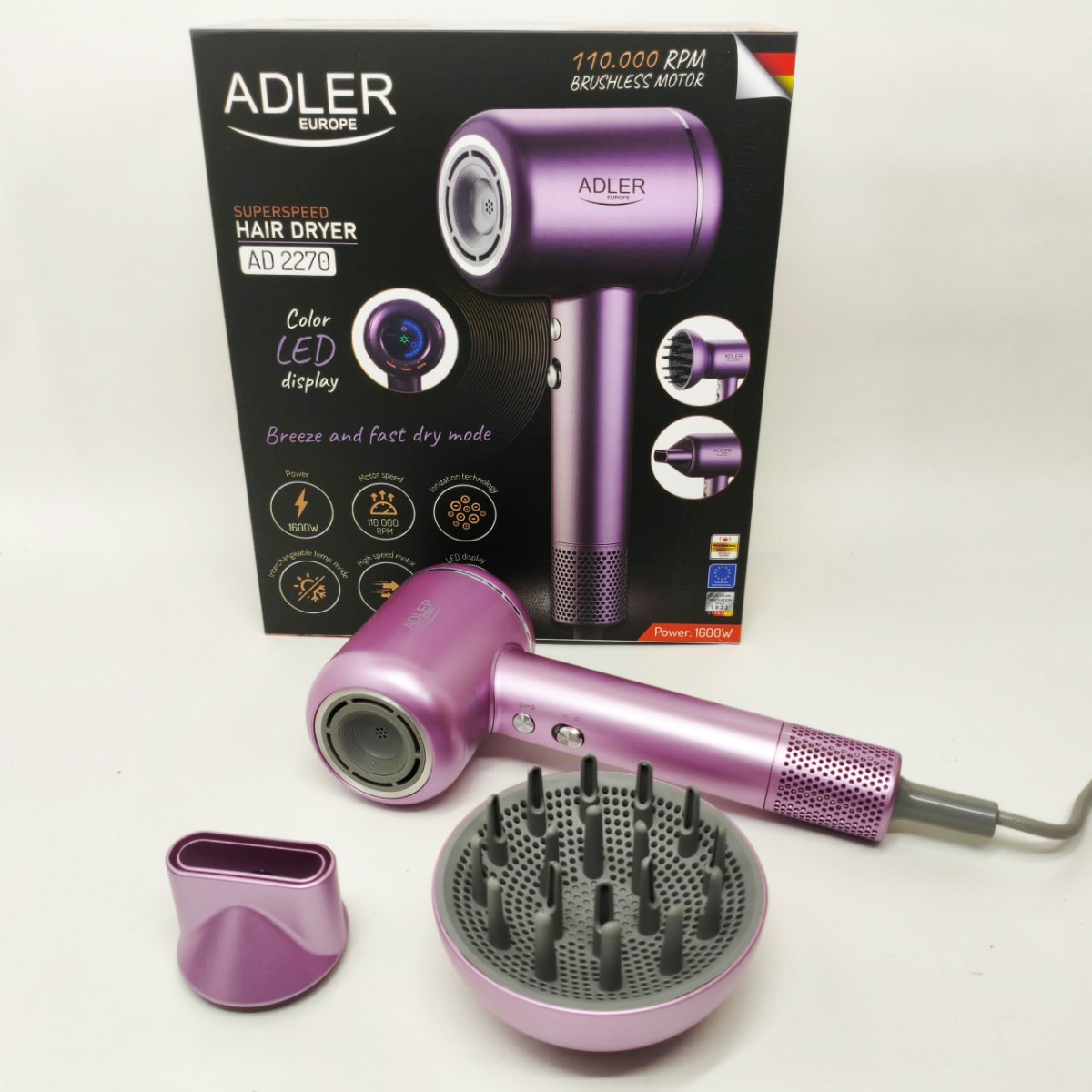 Фен для волос ADLER AD 2270P SUPERSPEED 1600Вт с дисплеем ионизация (арт. 14260)
