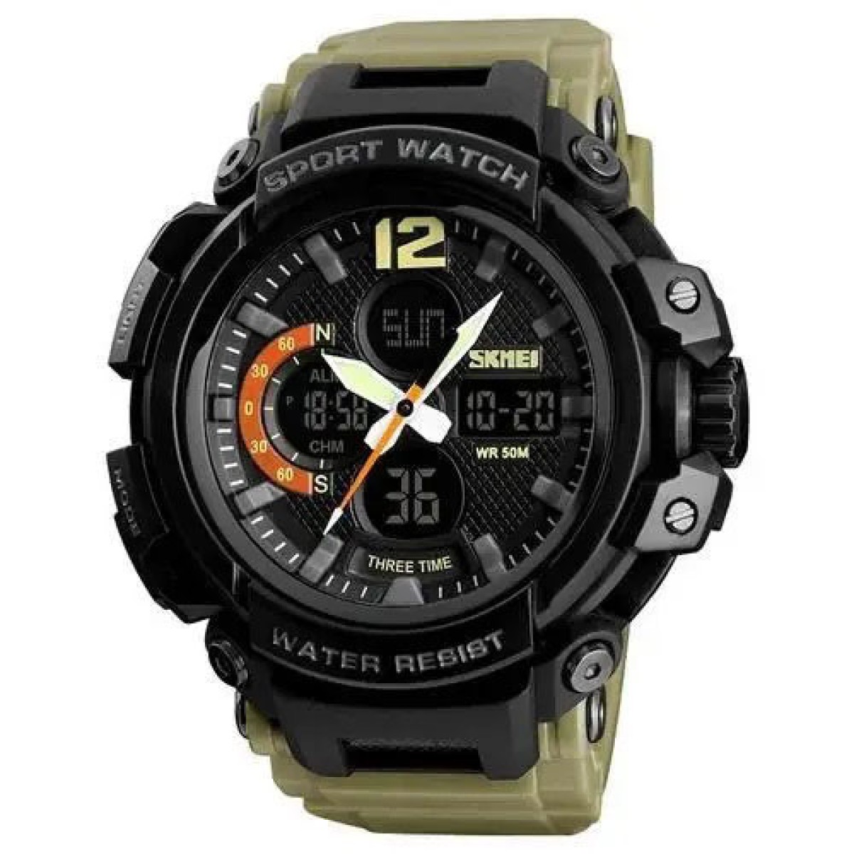 Часы наручные мужские SKMEI 1343KH KHAKI, водостойкие тактические часы. Цвет: хаки (арт. 12118)