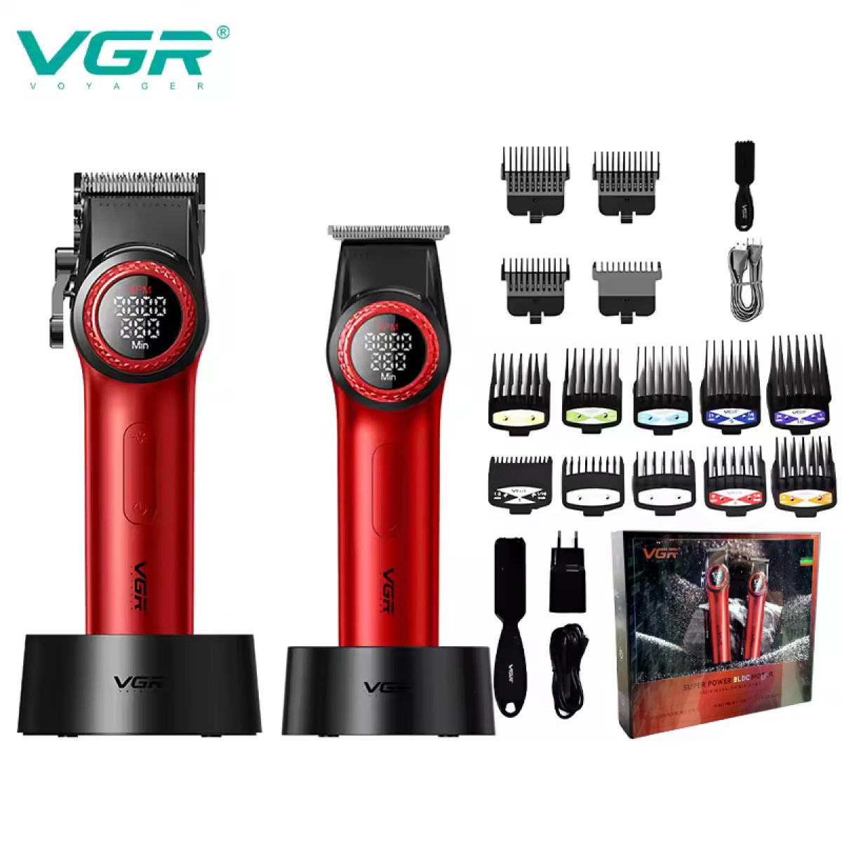 Набор VGR 2 в 1 V-001 V-977 RED, аккумуляторная машинка для стрижки и триммер. Цвет: красный (арт. 13836)