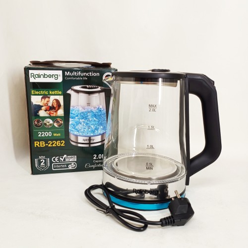 Чайник электрический стеклянный электрочайник с LED подсветкой Rainberg RB-2262 2л 2200Вт