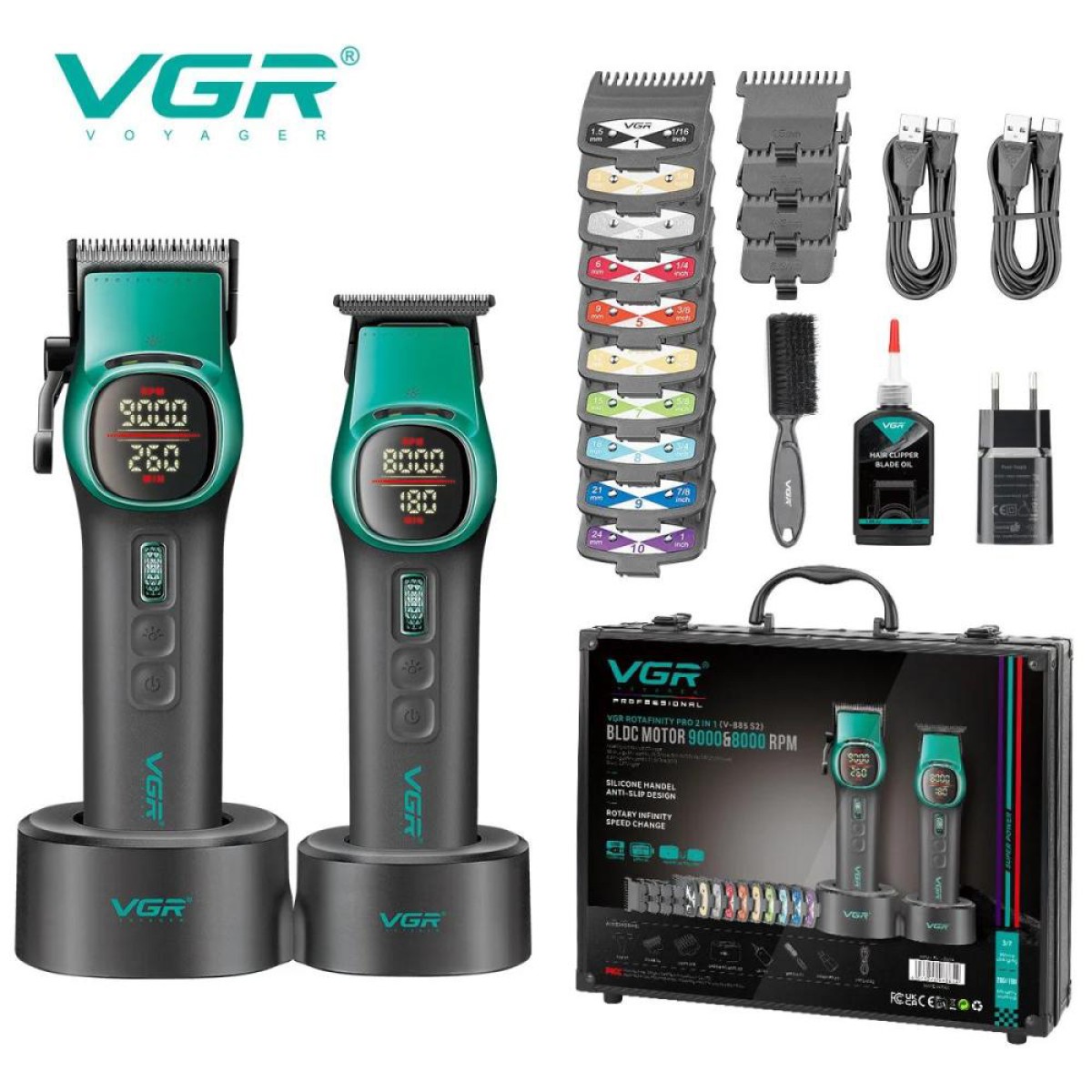 Комплект VGR 2 в 1 V-885 S2 GREEN, акумуляторна машинка для стрижки та триммер (арт. 23520)