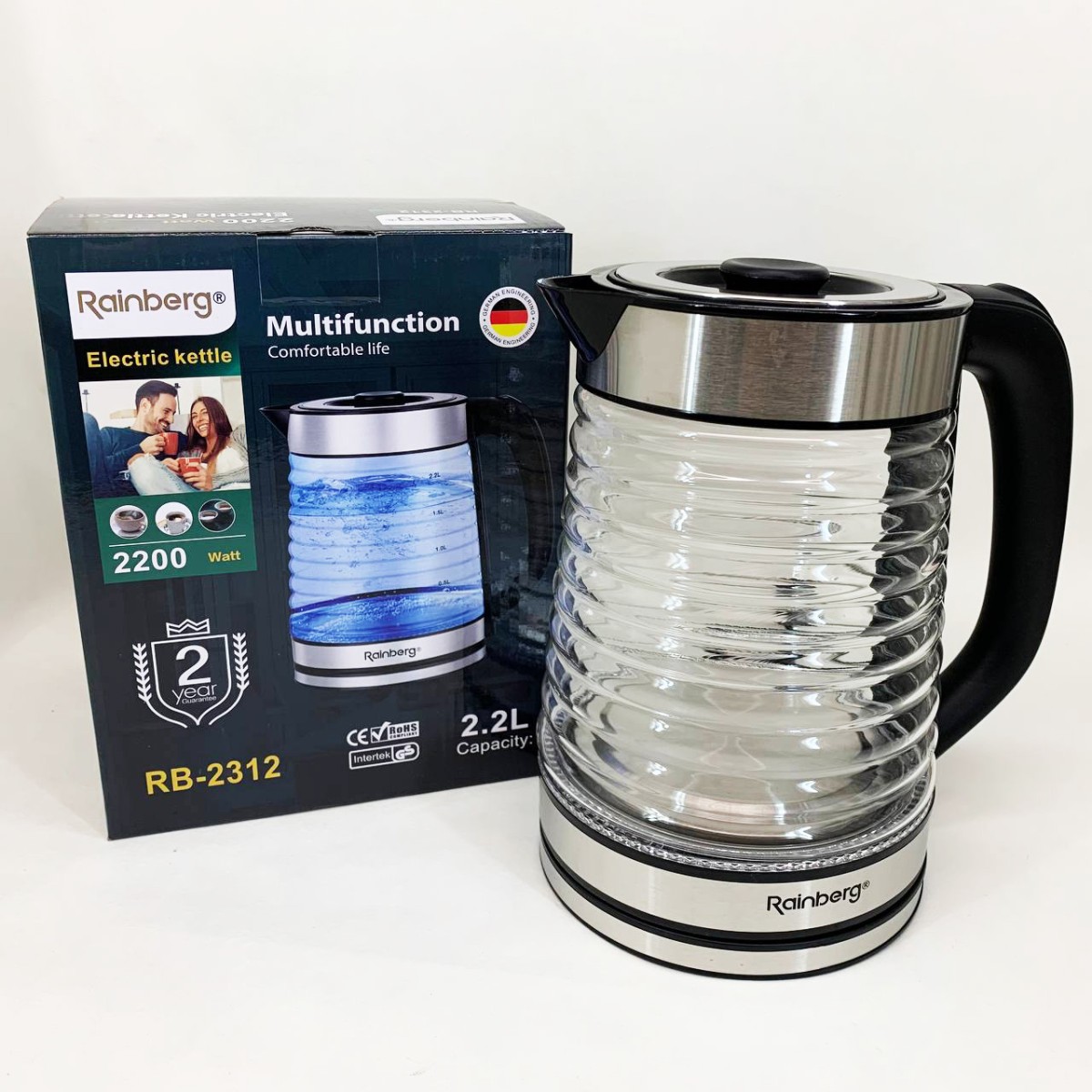 Электрочайник Rainberg RB-2312 стеклянный дисковый чайник 2.2л 2200Вт Silver (арт. 23694)