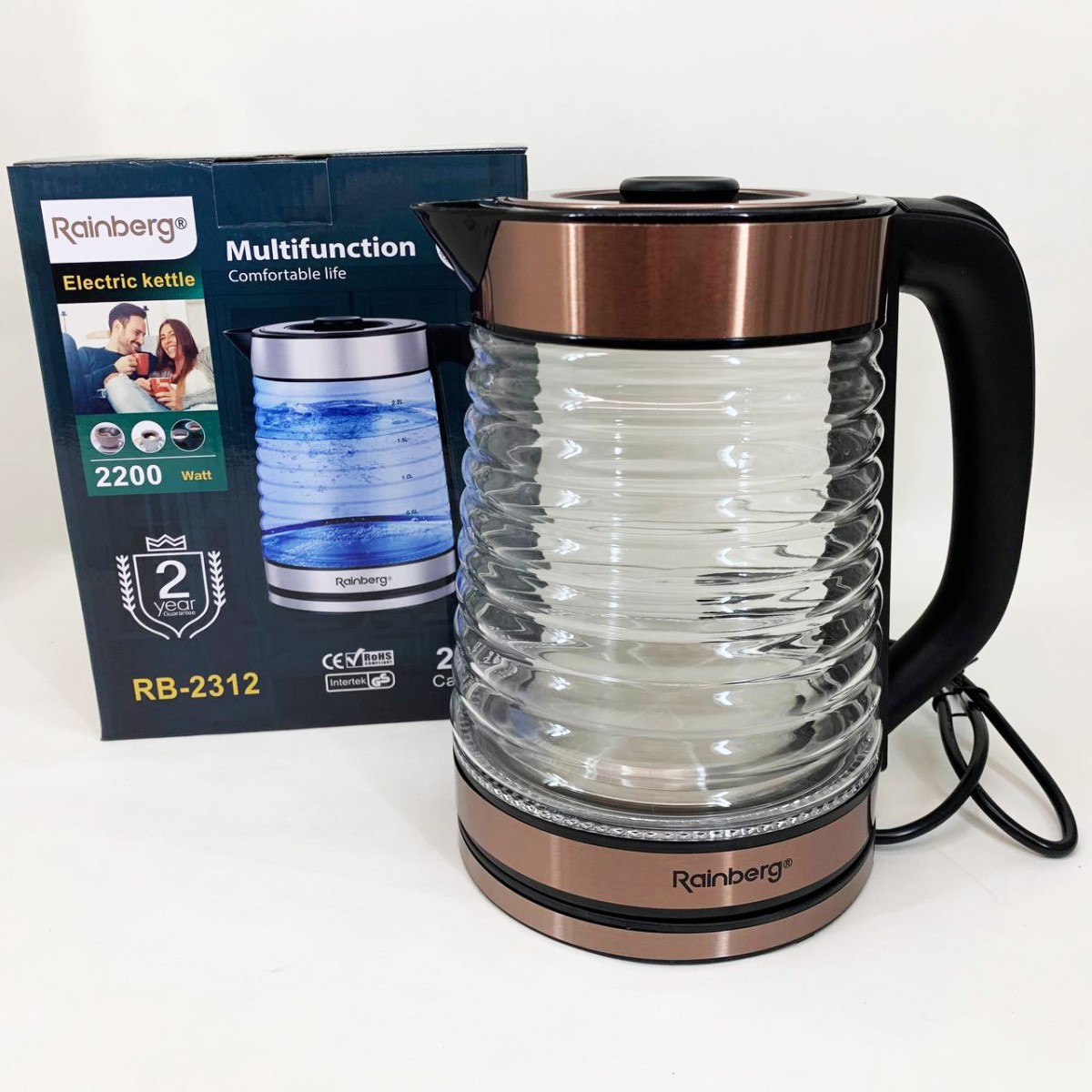 Электрочайник Rainberg RB-2312 стеклянный дисковый чайник 2.2л 2200Вт Brown