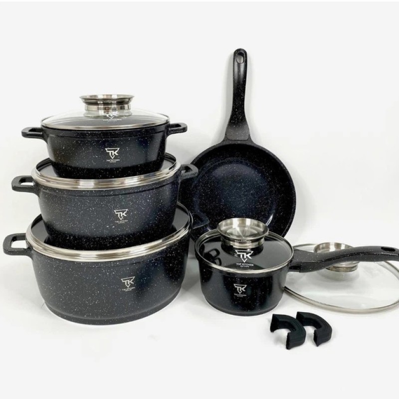 Набір кухонного посуду Top Kitchen TK00020 з мармуровим антипригарним покриттям 16 предметів Black