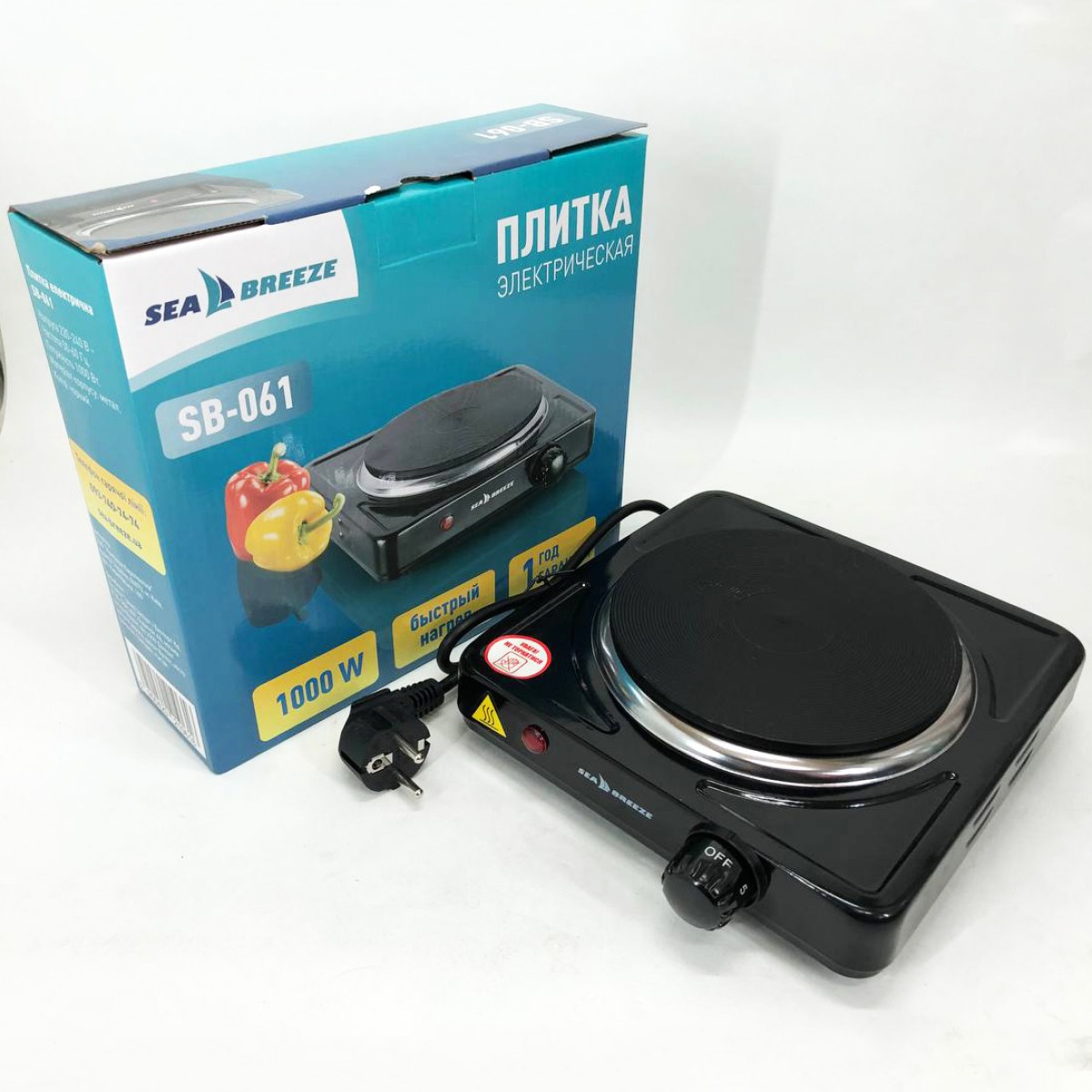 Настольная плита электрическая Sea Breeze SB-061 1000 Вт, переносная компактная электроплита. Цвет: черный (арт. 11765)