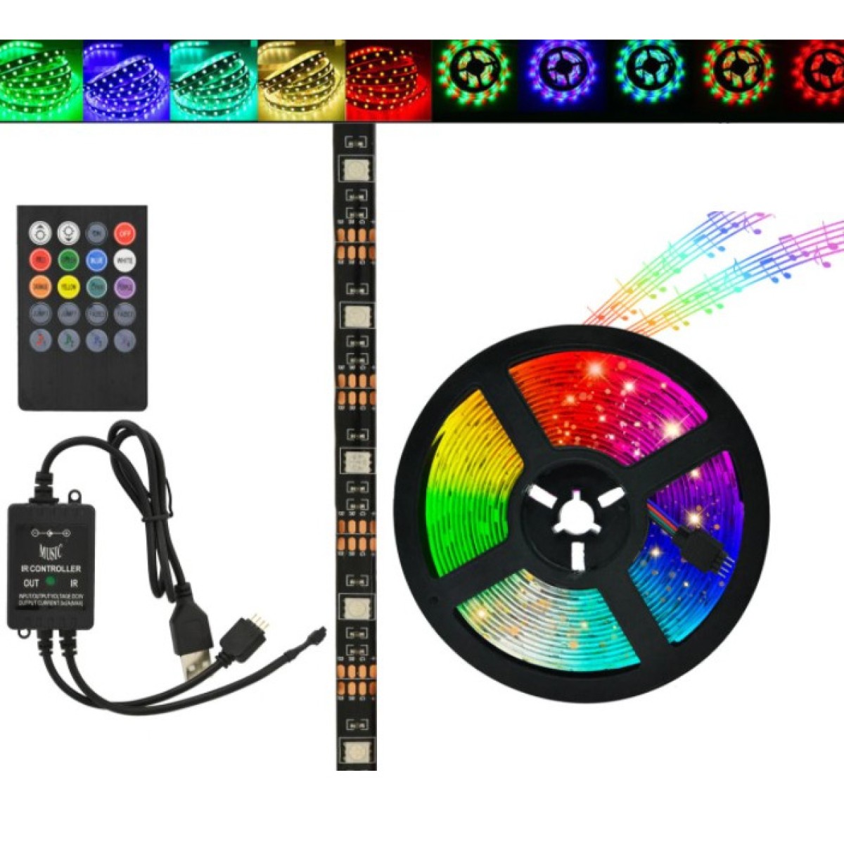 Светодиодная лента SMD 5050 RGB LED 5 м IP65 с пультом и блоком питания 220v, 5м, Лента светодиодная 5050 (арт. 11516)