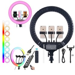 Кольцевая LED лампа RGB MJ45 Ring 45 см комплектация адаптер со встроенным кабелем, держатели для телефона, пульт