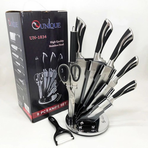 Набор ножей UNIQUE UN-1834 с вращающейся подставкой 9 предметов, Ножи кухонные из нержавеющей стали