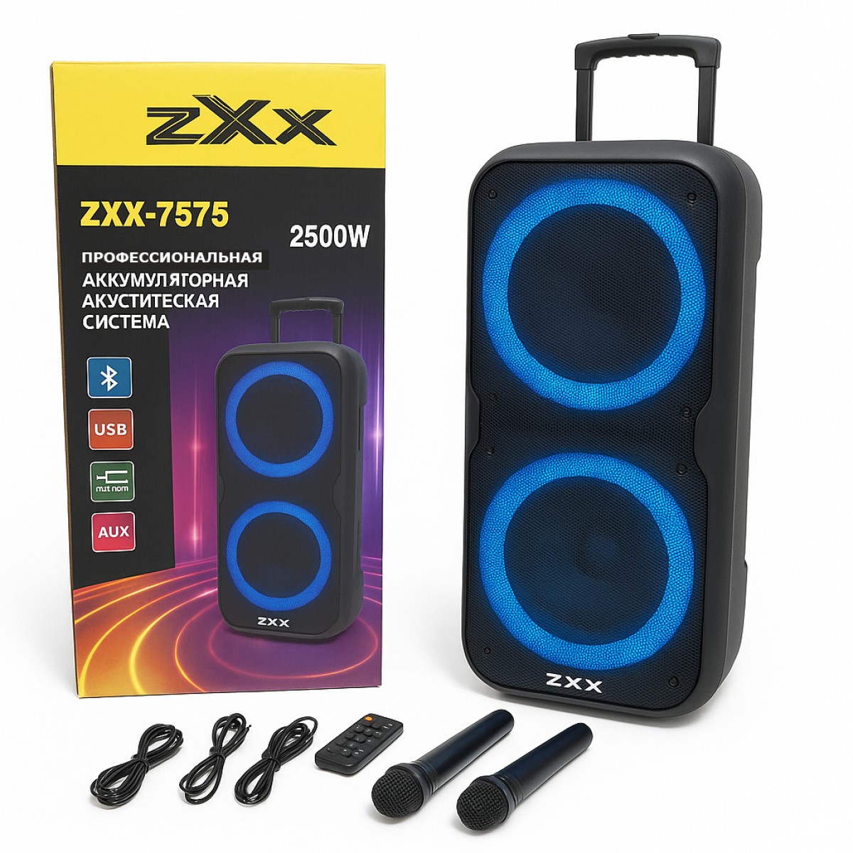 Акустическая переносная колонка ZXX-7575 300 Вт аккумуляторная с микрофонами 80х39х33 см (арт. 13595)