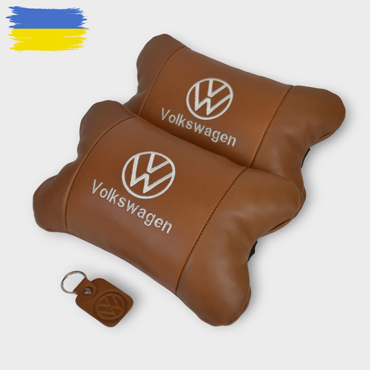 Набор подушек 2шт для автомобиля Volkswagen из натуральной коричневой кожи. Подушки на подголовник (арт. 12724)