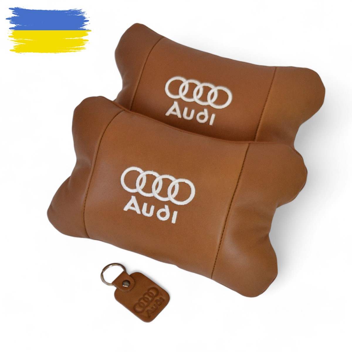 Набор из двух подушек на подголовник Audi, из натуральной коричневой кожи, Подарок мужчине водителю (арт. 12722)