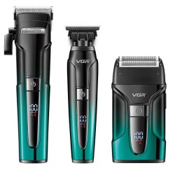 Комплект 3 в 1 VGR V-694 аккумуляторная машинка для стрижки, триммер и электробритва шейвер. Цвет: синий