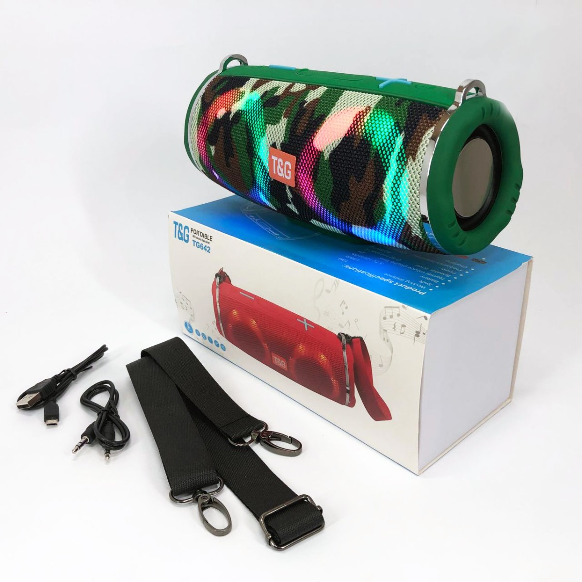 Портативная колонка TG642 с RGB подсветкой и ремешком, колонка для вечеринки. Цвет: камуфляж (арт. 12487)
