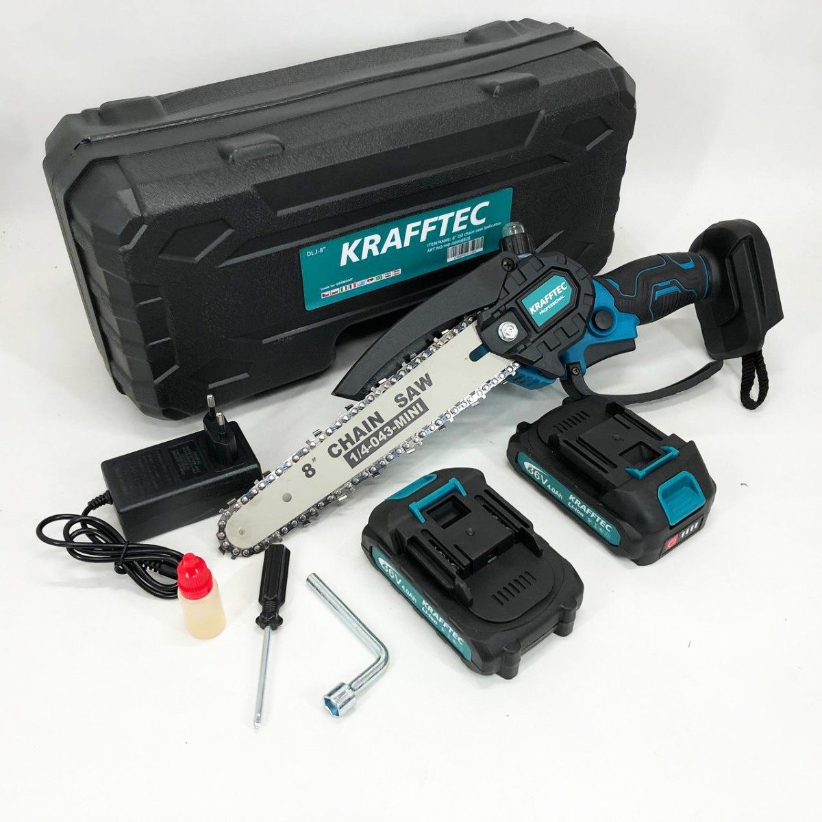 Аккумуляторная цепная мини пила 20 см в кейсе Krafftec (36V 4 Ач) + 2 аккумулятор и индикатором заряда (арт. 12880)