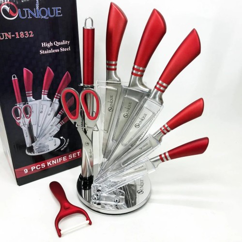 Набор ножей UNIQUE UN-1832 с подставкой 9 предметов овощечистка точилка ножницы Нержавеющая сталь