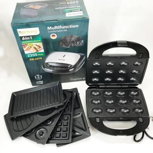 Мультимейкер бутербродница 6 в 1 Rainberg RB-2276 съемные формы с антипригарным покрытием 2200 Вт
