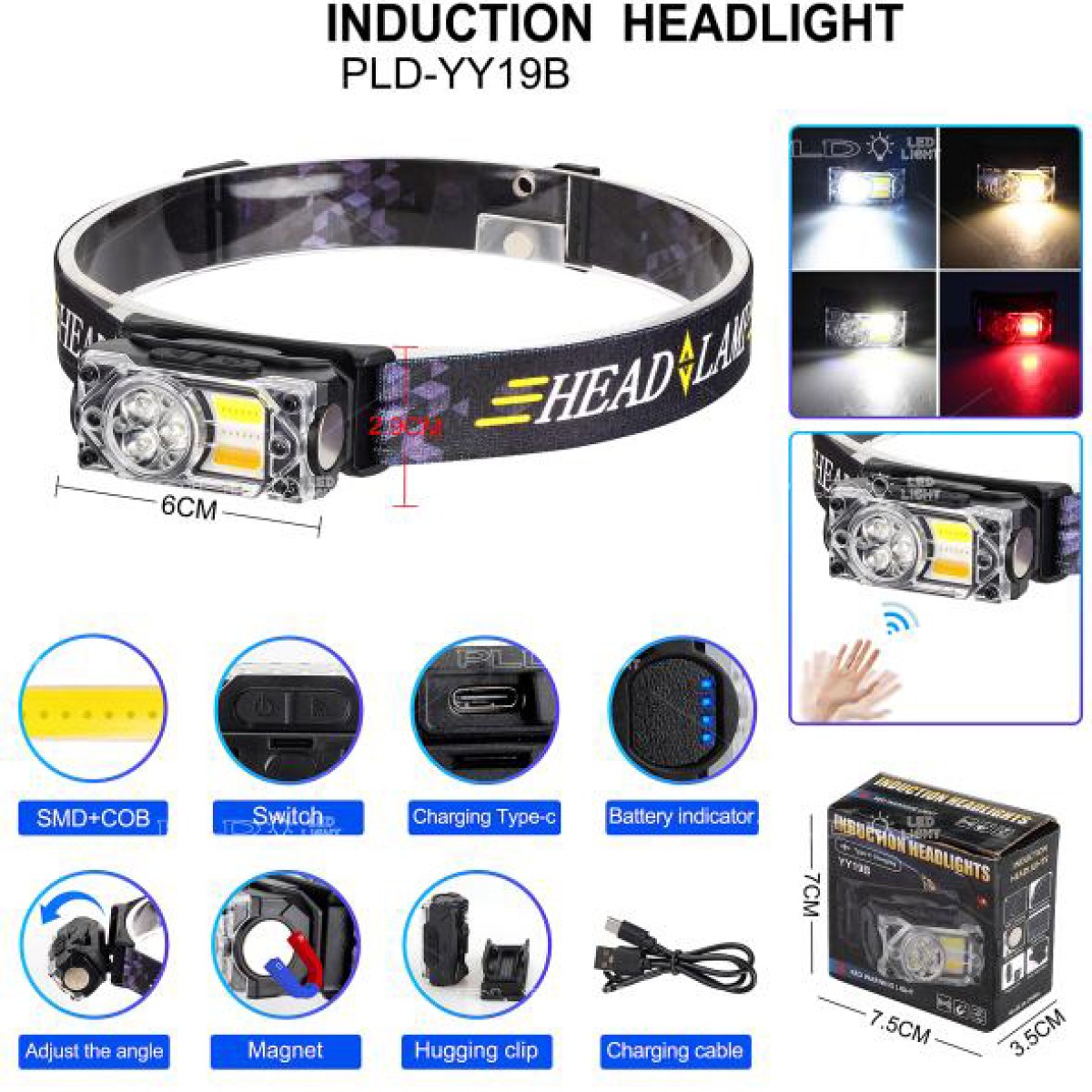 Фонарь налобный YY-19B-3SMD+2COB(white+yellow+red), Налобный фонарик с usb зарядкой (арт. 26708)