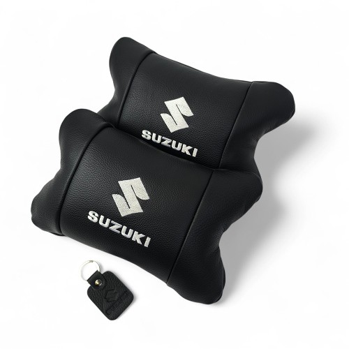 Набір шкіряних подушок Suzuki з вишивкою логотипу + брелок у подарунок для авто