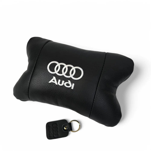 Автомобильная подушка для подголовника Audi – черная натуральная кожа