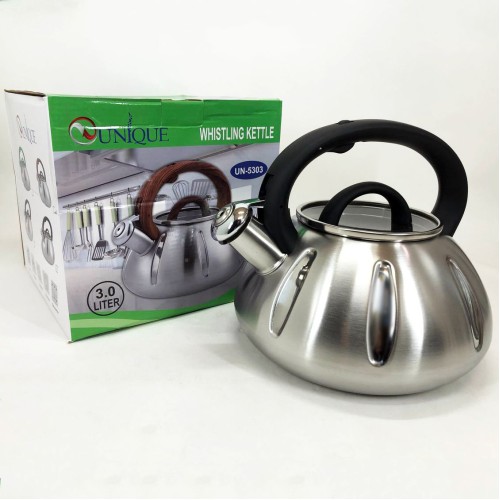 Чайник со свистком Unique UN-5303 кухонный на 3 литра, металический чайник из нержавейки. Цвет: черный