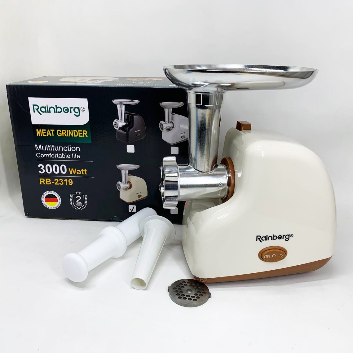 Мясорубка электрическая Rainberg RB-2319 с системой реверса насадка куббе 3000Вт Beige