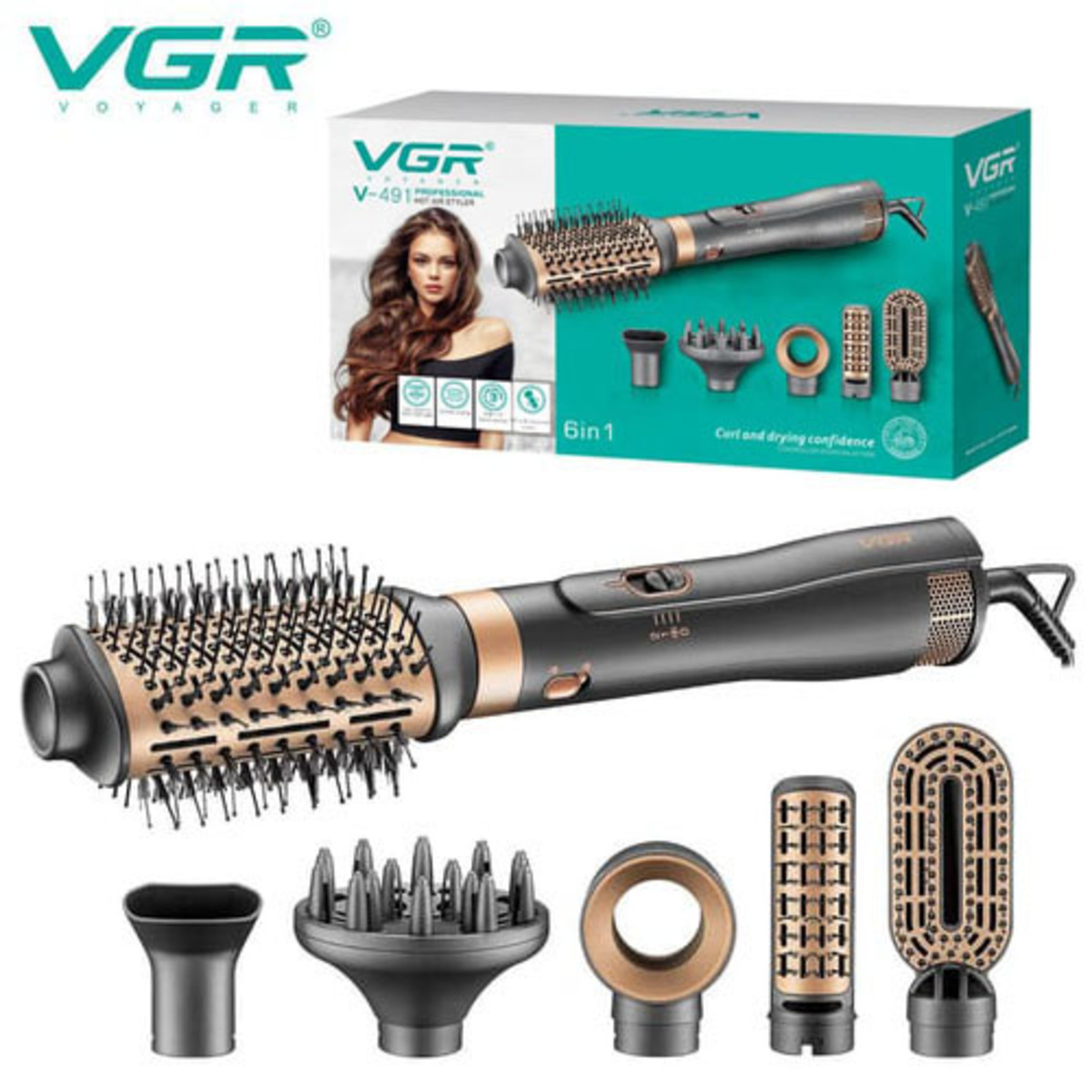 Фен стайлер для укладки и завивки волос VGR V-491 6 в 1, Professional, 1000 Вт, Фен с насадками (арт. 12616)