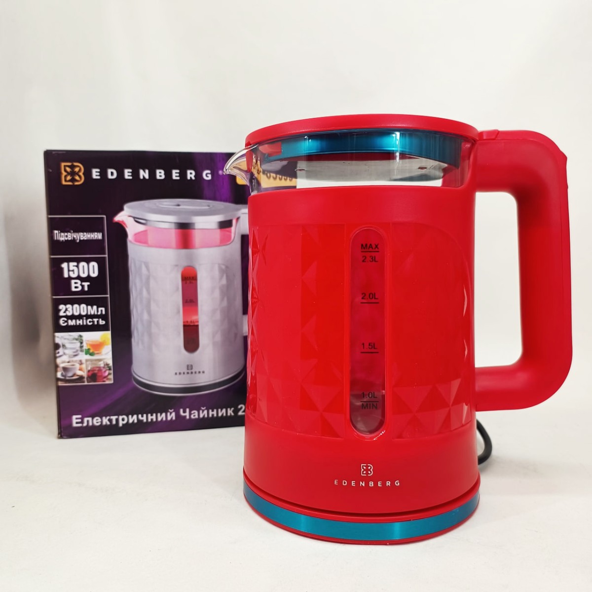 Электрочайник стеклянный с подсветкой Edenberg EB-83559 2.3л 1500Вт Red (арт. 23853)