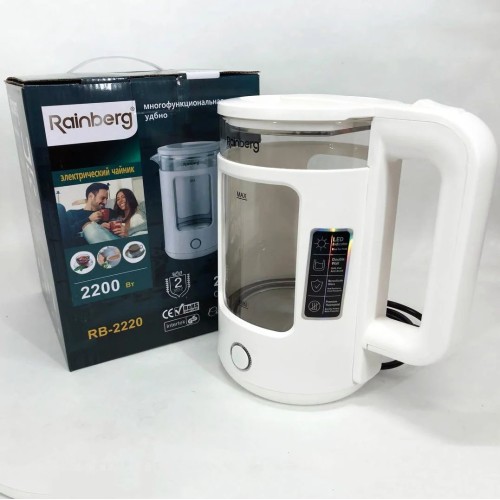 Электрочайник Rainberg RB-2220 стеклянный, дисковый прозрачный. Чайник с подсветкой 2200 Вт. Цвет: белый