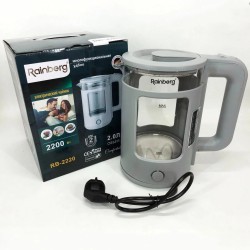 Электрочайник Rainberg RB-2220 стеклянный, дисковый прозрачный. Чайник с подсветкой 2200 Вт. Цвет: серый