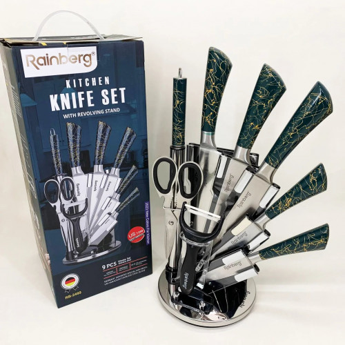 Набор кухонных ножей Rainberg RB-2499 8 предметов на вращающейся подставке Green