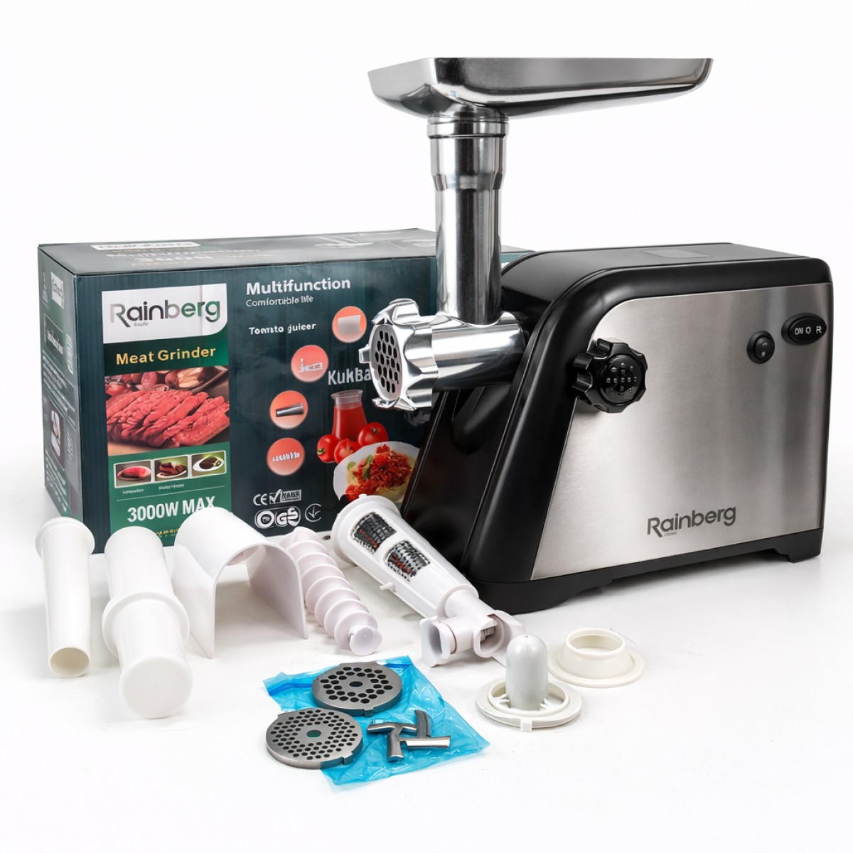 Мясорубка Rainberg RB-672 3000W электрическая с реверсом и соковыжималкой, мясорубка электрическая металл (арт. 11813)