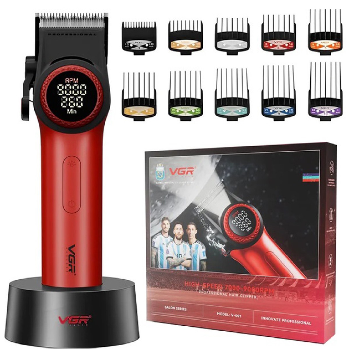 Професійна машинка для стрижки волосся VGR V-001 RED з дисплеєм 9000 об та 10 насадками (1,5-24 мм) (арт. 23183)