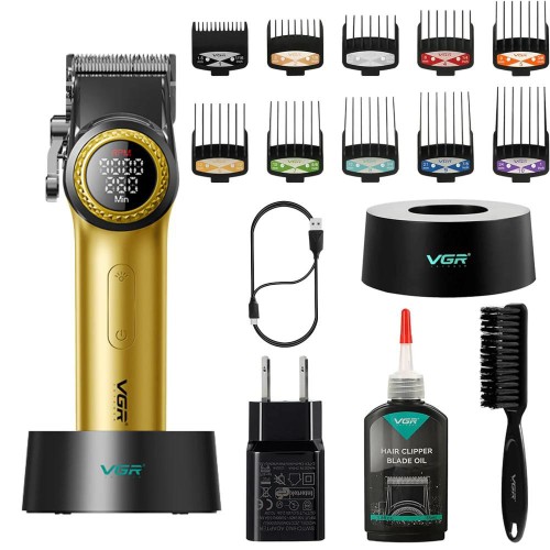 Профессиональная машинка для стрижки волос VGR V-001 с дисплеем 9000 об/мин и 10 насадками. Цвет: золотой