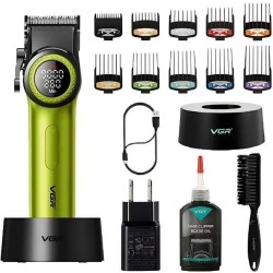 Профессиональная машинка для стрижки волос VGR V-001 с дисплеем 9000 об/мин и 10 насадками. Цвет: зеленый