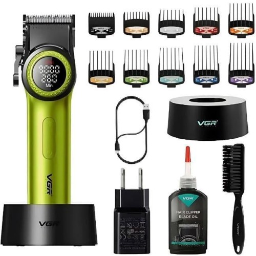 Профессиональная машинка для стрижки волос VGR V-001 с дисплеем 9000 об/мин и 10 насадками. Цвет: зеленый