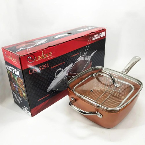 Сковорода-фритюрница UNIQUE UN-5251 квадратная антипригарная с пароваркой и кастрюлей + стеклянная крышка 24 см