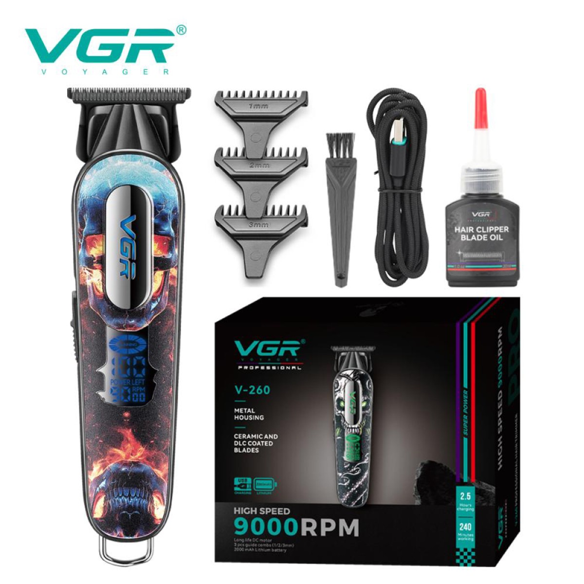 Триммер аккумуляторный для стрижки VGR V-260 RED, 3 насадки, LED дисплей (арт. 13687)