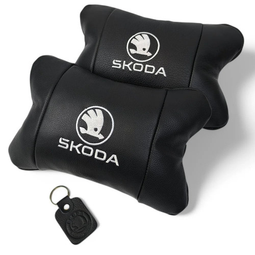 Автомобильные подушки 2 шт на подголовник Skoda / Шкода, из натуральной кожи, стильный аксессуар для вашего авто