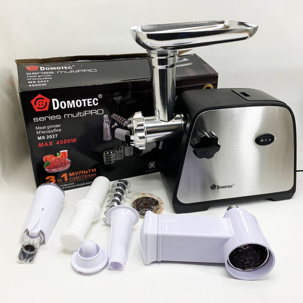 Электрическая мясорубка Domotec MS-2027 4500 Вт с насадкой для томатов, колбас и терками (арт. 23444)