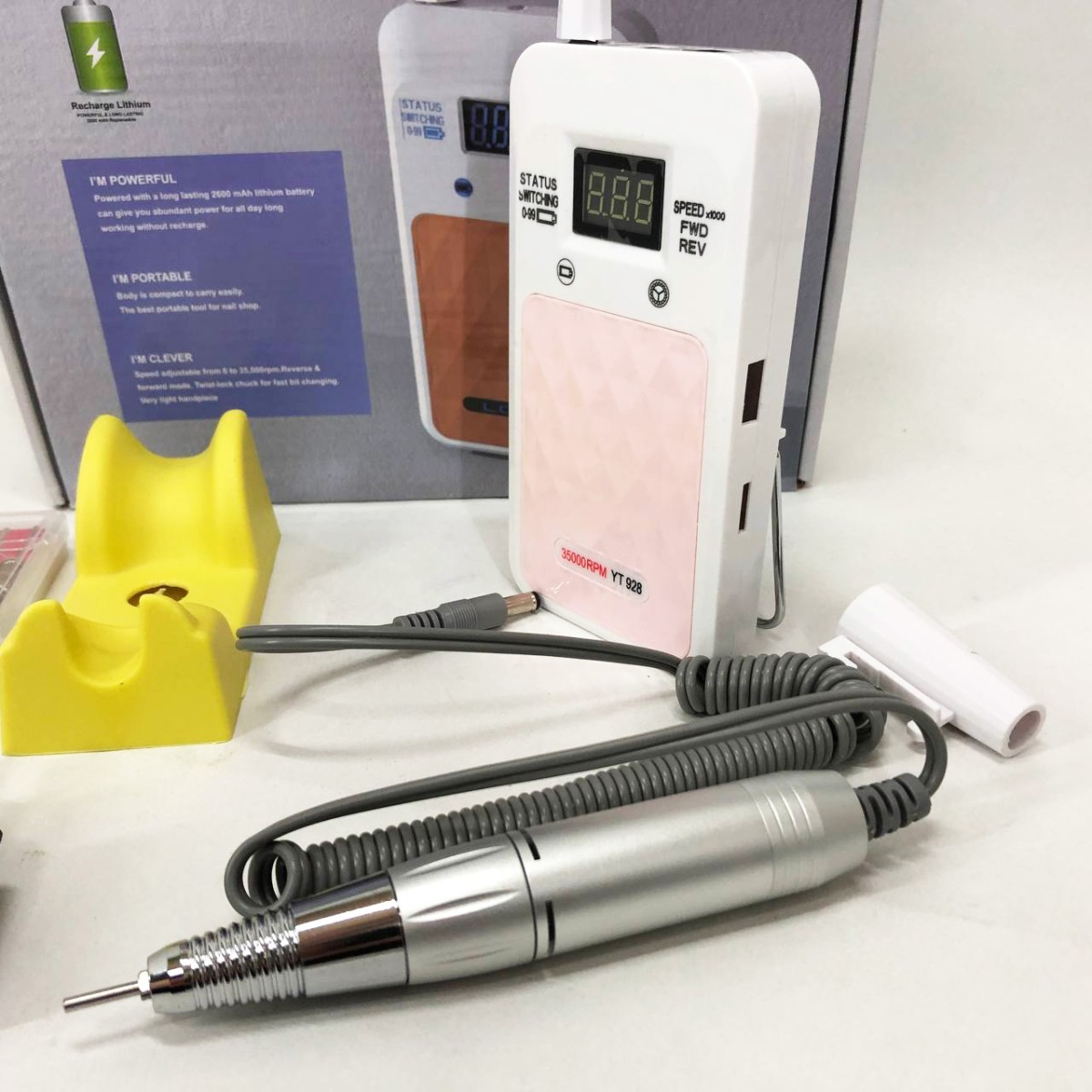 Портативный Фрезер для ногтей Nail Drill YT-928 аккумуляторный с индикатором заряда на 35 000 оборотов. Цвет: белый (арт. 11144)