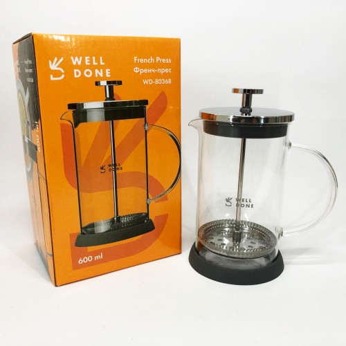 Френч-пресс Well Done WD-8036B из термостойкого стекла 600 мл, Чайник для заваривания трав прозрачный