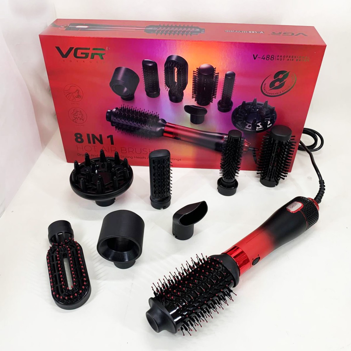 Фен-щетка стайлер VGR 8 в 1 V-488. Цвет: красный (арт. 13498)