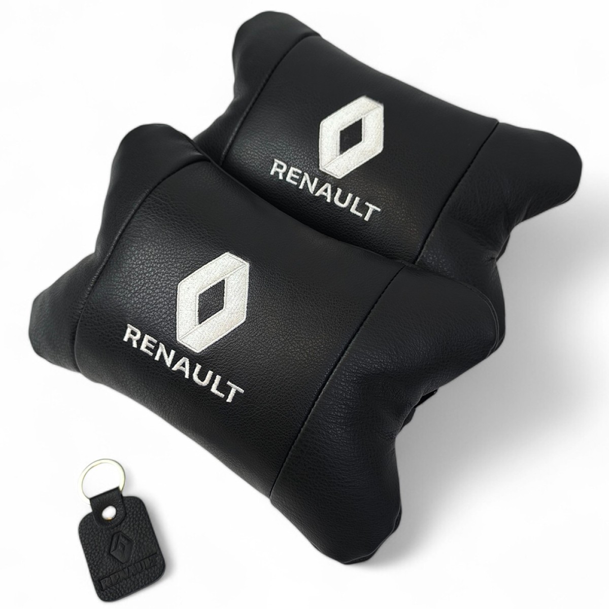 Набор подушек 2шт для автомобиля Renault, натуральная кожа, на подголовник в машину с логотипом Рено (арт. 13075)
