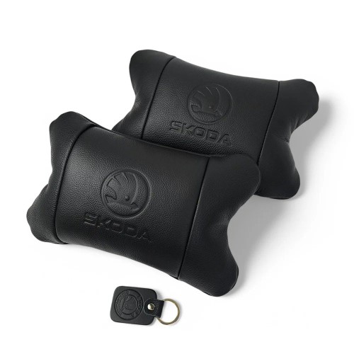 Набор авто подушек Skoda из натуральной кожи + брелок, Автоподушка на подголовник