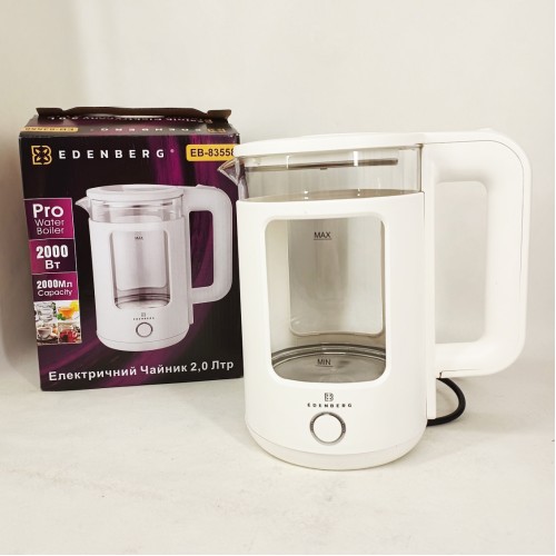 Чайник скляний електричний Edenberg EB-83558 1500Вт Електрочайник з підсвічуванням 2л White