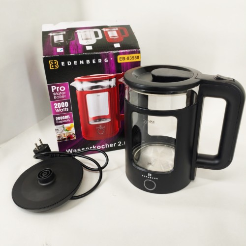 Чайник скляний електричний Edenberg EB-83558 1500Вт Електрочайник з підсвічуванням 2л Black