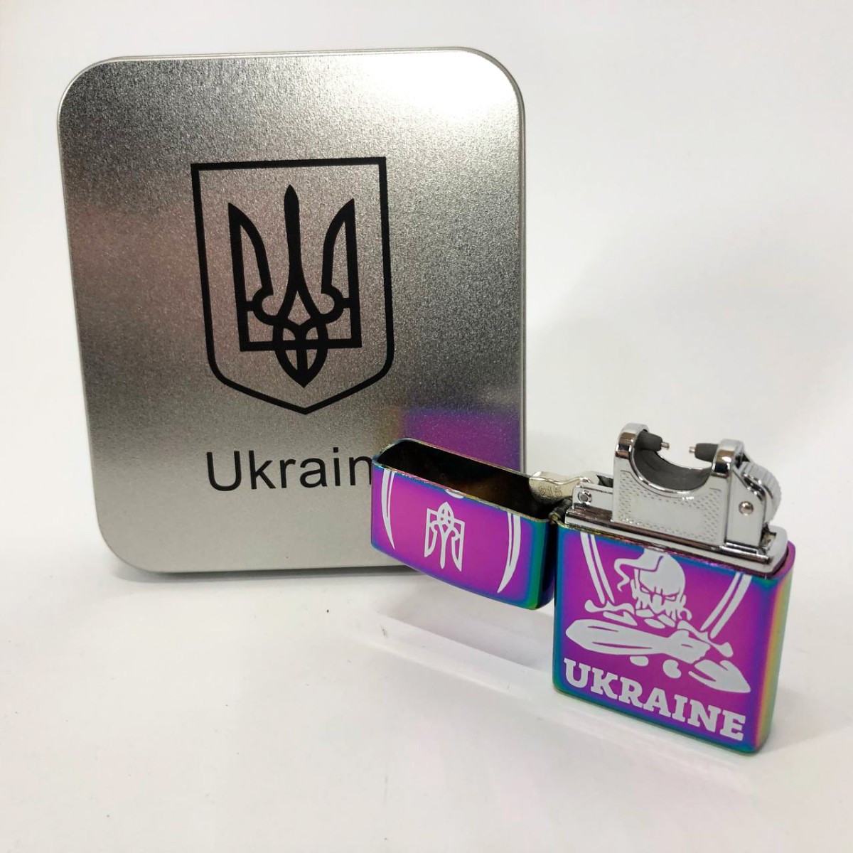 Дуговая электроимпульсная USB зажигалка Украина (металлическая коробка) HL-449. Цвет: хамелеон (арт. 12243)